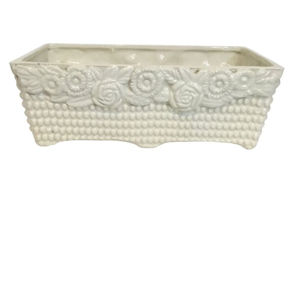 VTG Made in Japan Floral Ivory Planter Rectangular Cachepot 10” MCM Roses Beaded - Picture 3 of 10